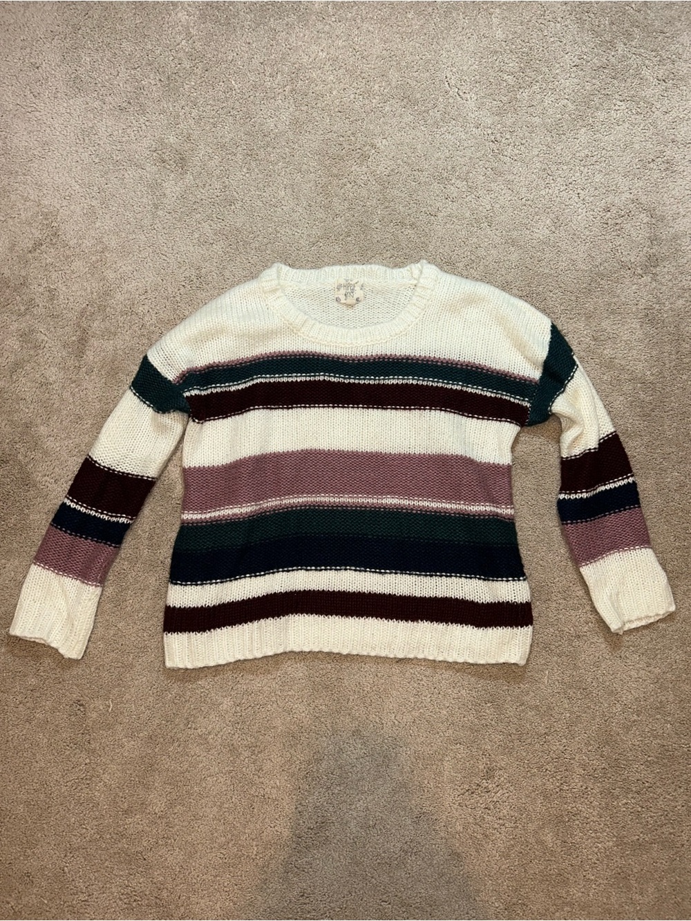 Striped Crewneck Sweater in Cream, Mauve & Forest